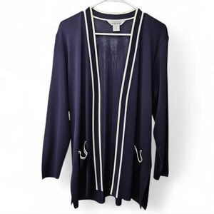 Exclusively Misook Navy Blue & White Open Front Cardigan Sz Med Womens